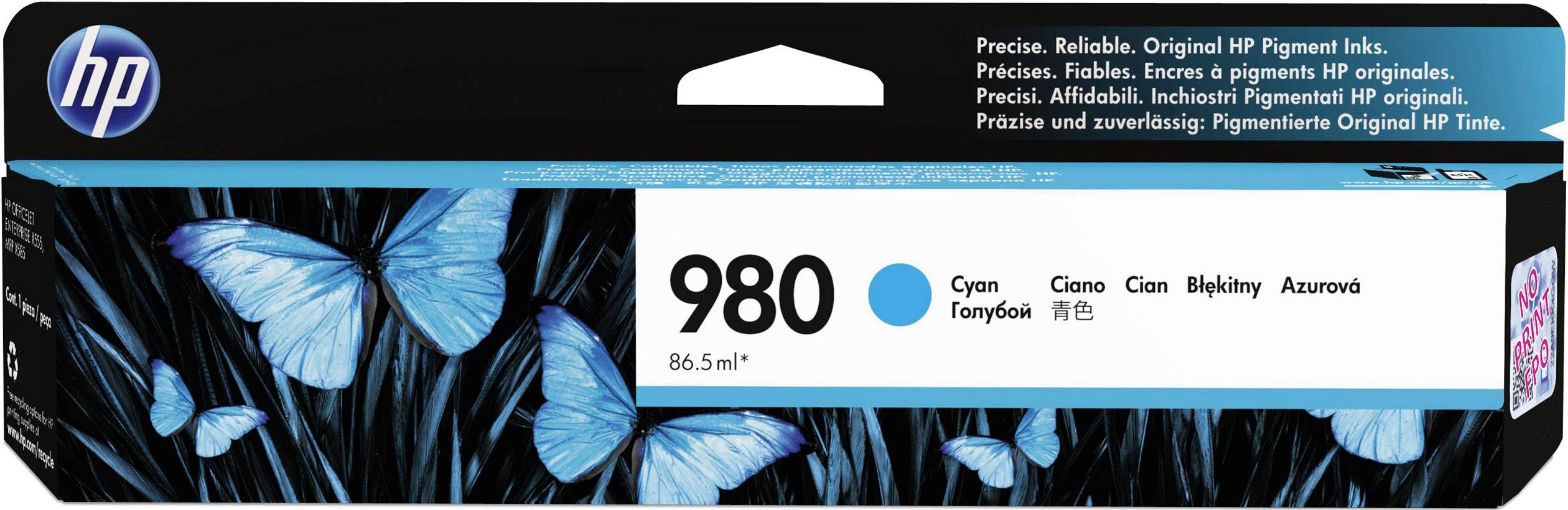 'Cartuccia d'inchiostro HP 980 in Ciano, 86,5 ml. Confezione raffigura farfalle blu su sfondo nero. Per inchiostro originale pigmentato.'