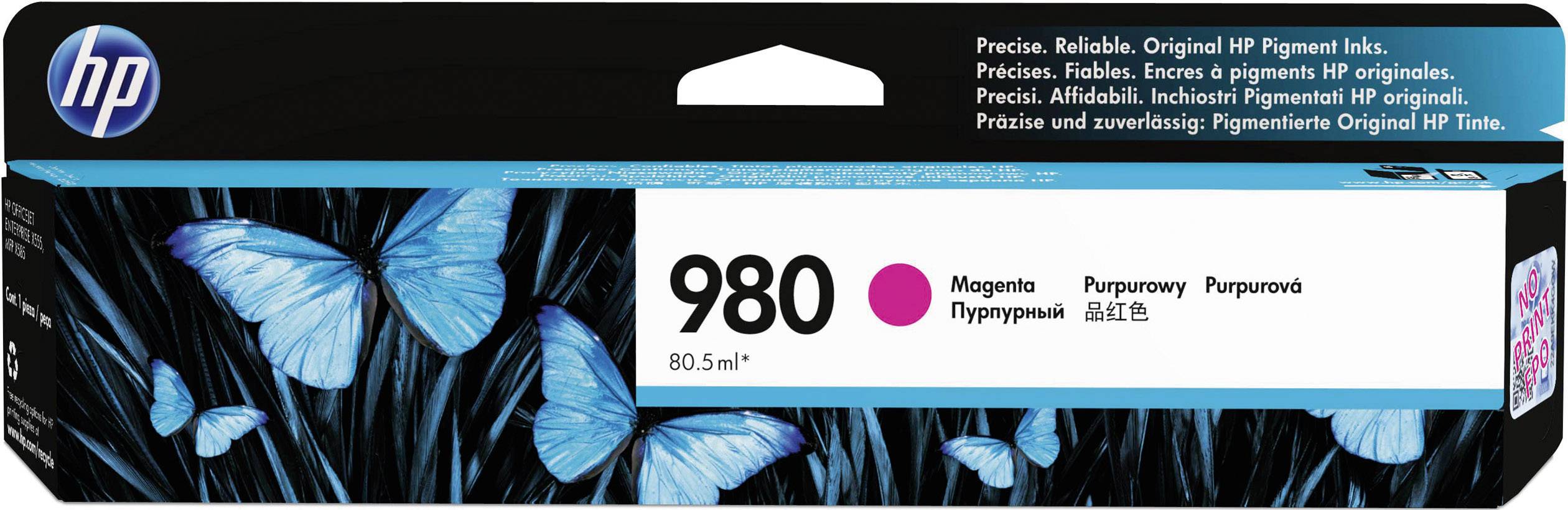 'Cartuccia d'inchiostro HP 980, magenta, 80,5 ml, inchiostro pigmentato preciso e affidabile. Confezione con farfalle blu.'