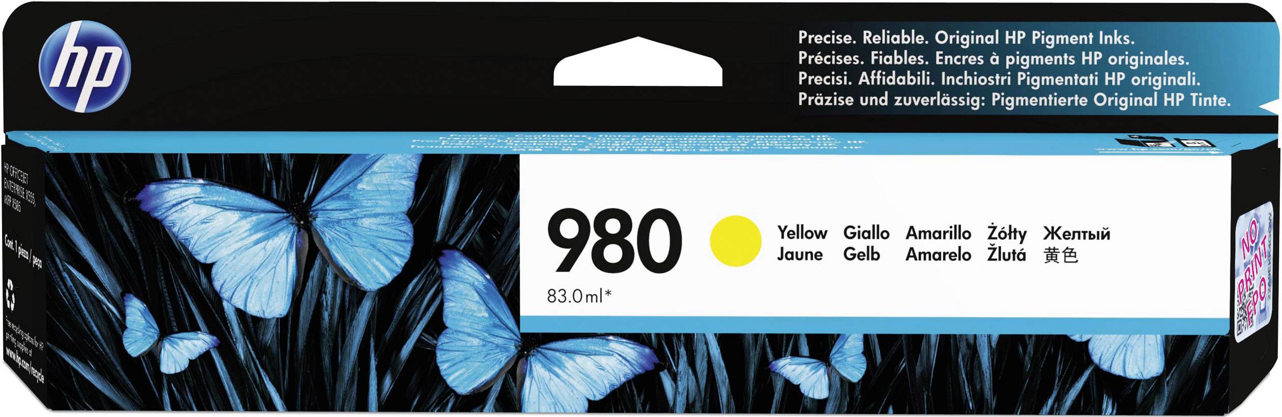 Cartuccia d'inchiostro HP 980 in Giallo, capacità 83 ml. La confezione mostra farfalle blu su sfondo nero.