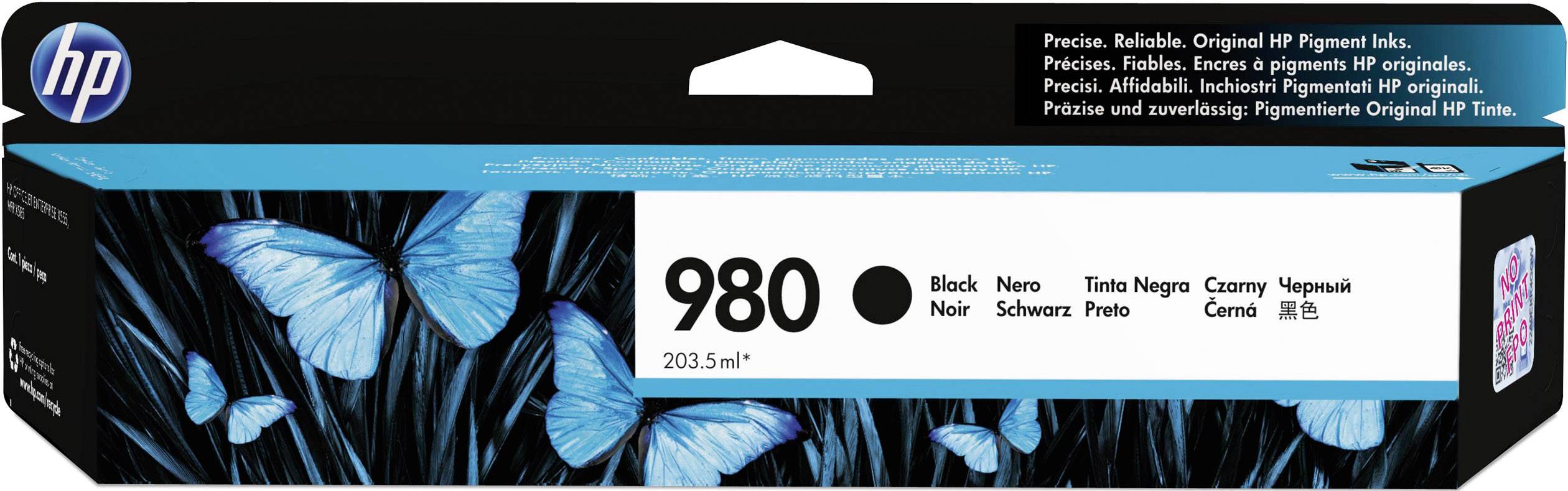 Cartuccia d'inchiostro HP, modello 980, colore nero, 203,5 ml. Confezione raffigura farfalle blu su sfondo nero.