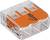 'Morsetto trasparente in plastica con tre leve arancioni, WAGO 221, idoneo per 28A, 300V.'