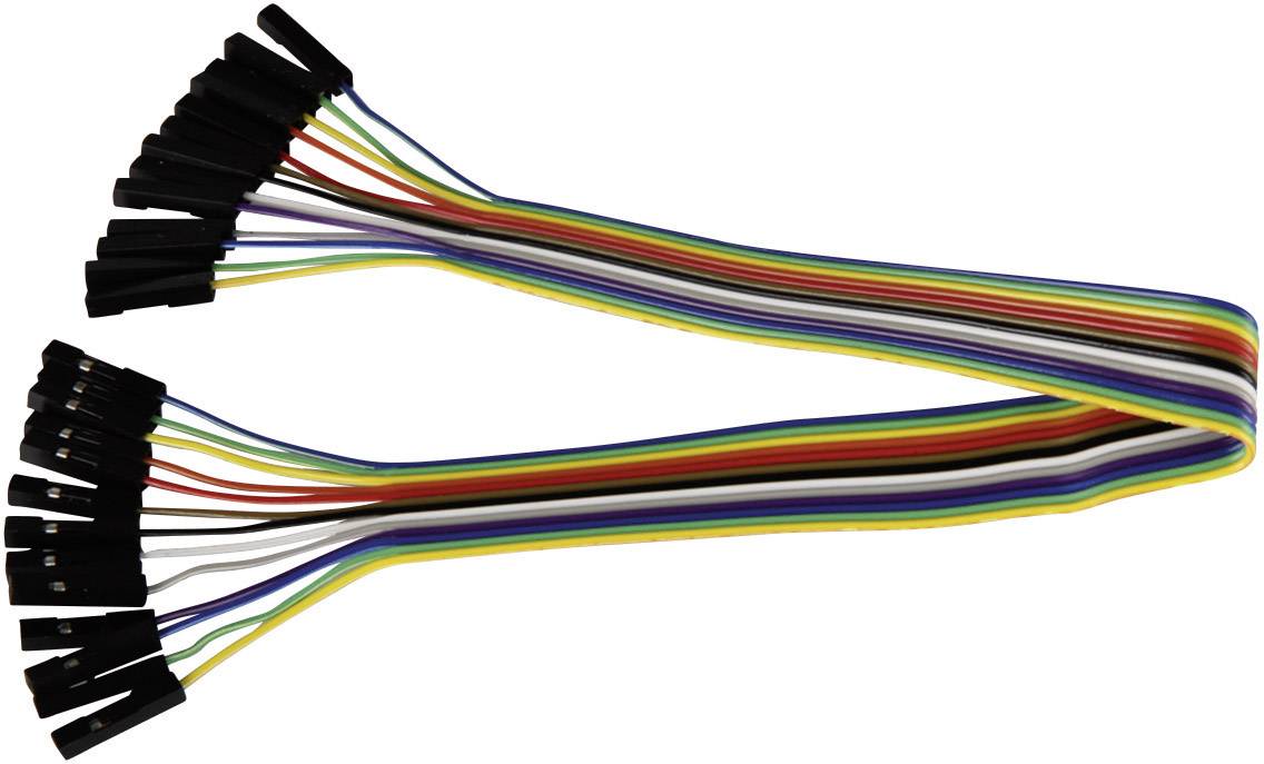 Un mazzo di cavi jumper colorati con connettori su entrambe le estremità, comunemente utilizzati per progetti di prototipazione elettronica.