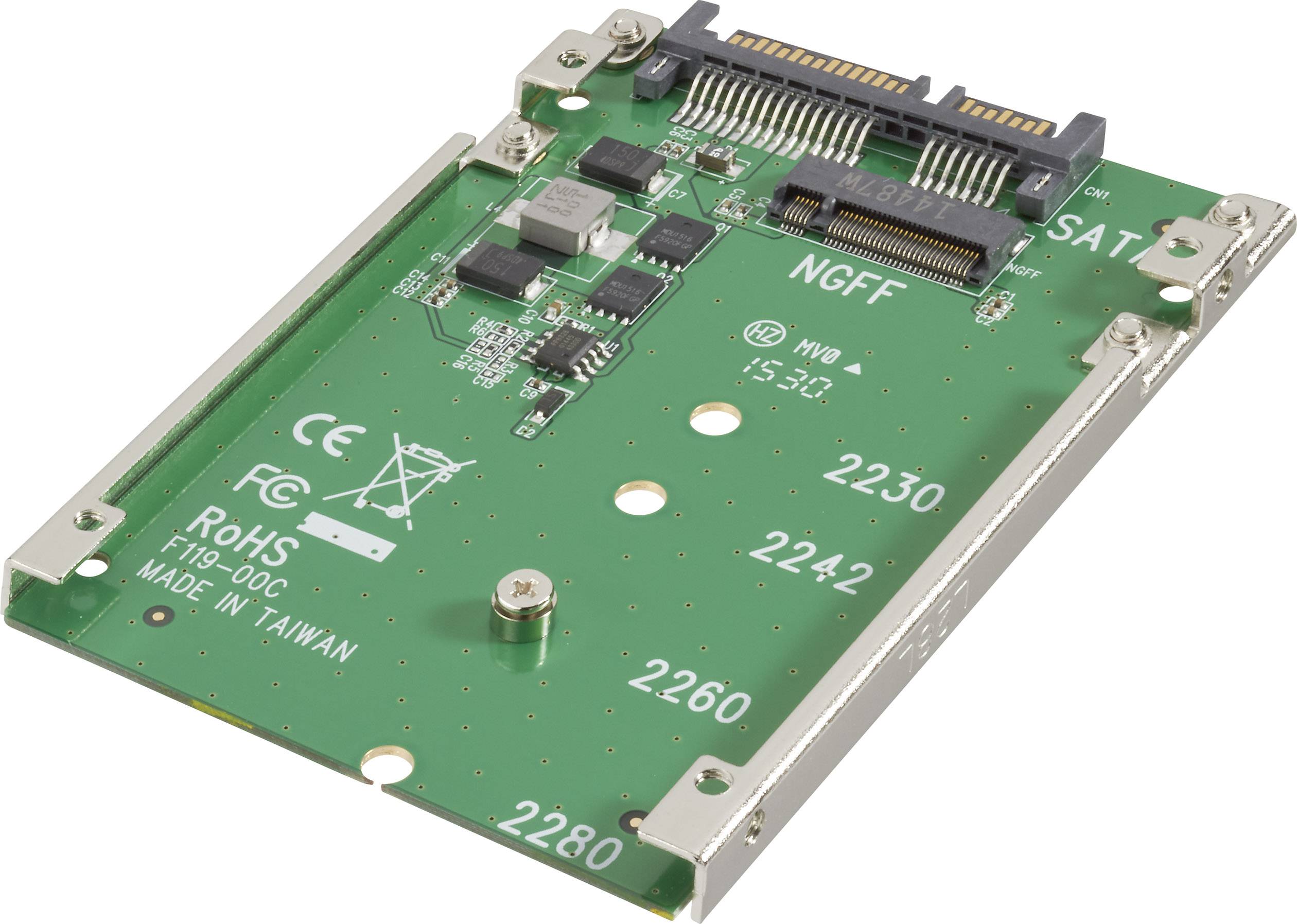 Scheda verde di un adattatore per disco rigido con slot NGFF, interfacce e vari componenti elettronici.