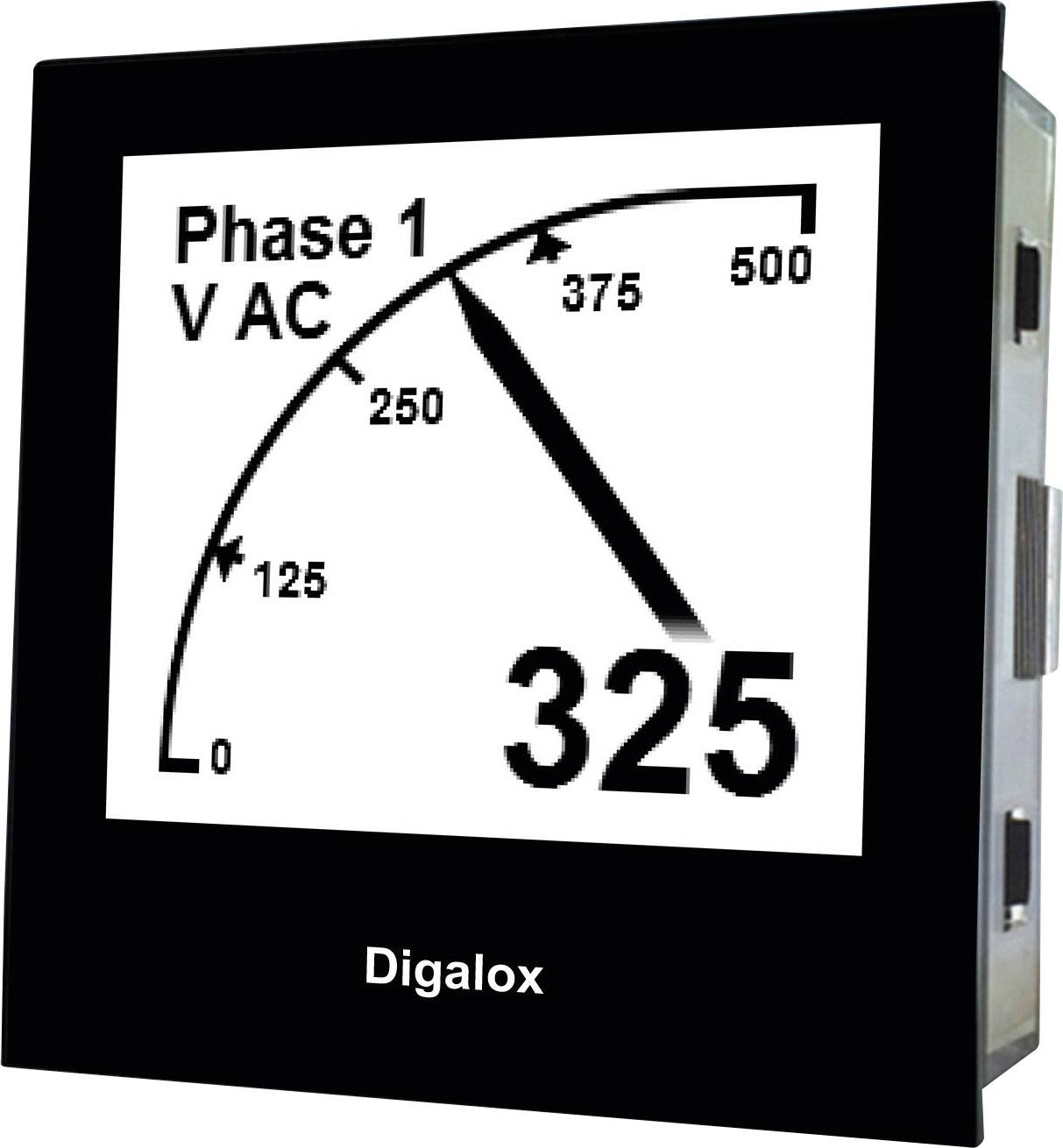 Strumento di misurazione digitale indica: 'Fase 1 V CA' con un indicatore a 325 su una scala da 0 a 500.