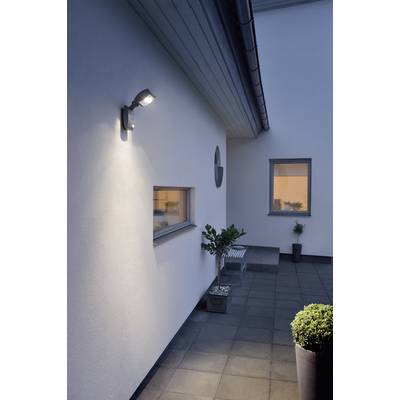 Un corridoio illuminato con pareti bianche, due finestre, fioriere e una panchina davanti alla porta al tramonto.
