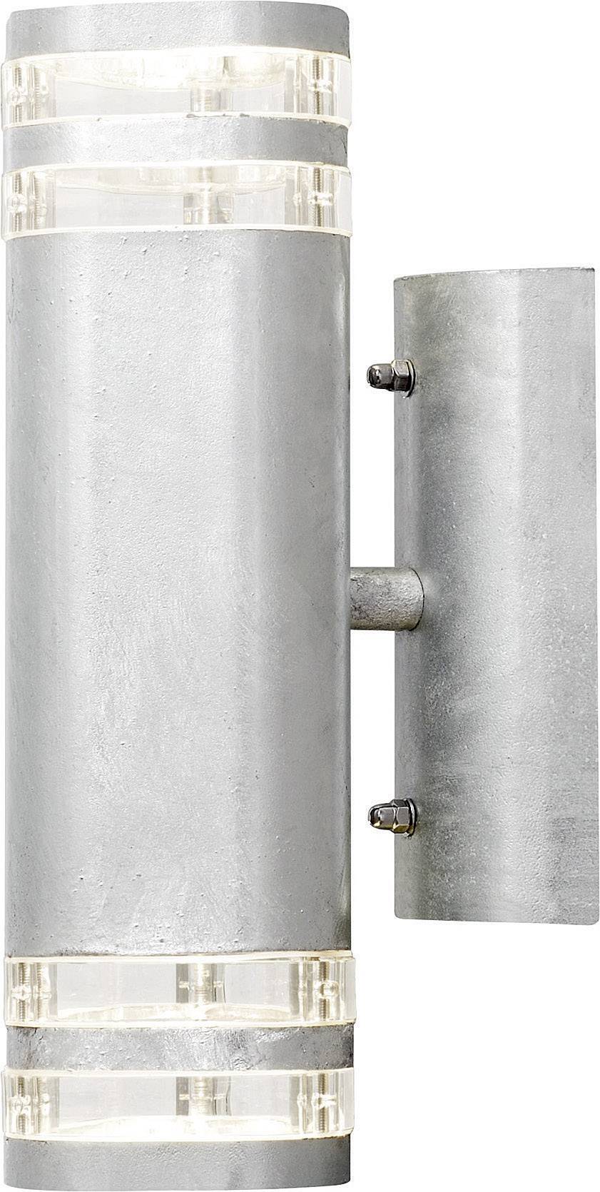Lampada da parete moderna con design cilindrico, involucro argentato e dettagli in vetro trasparente alle estremità, adatta per uso esterno.
