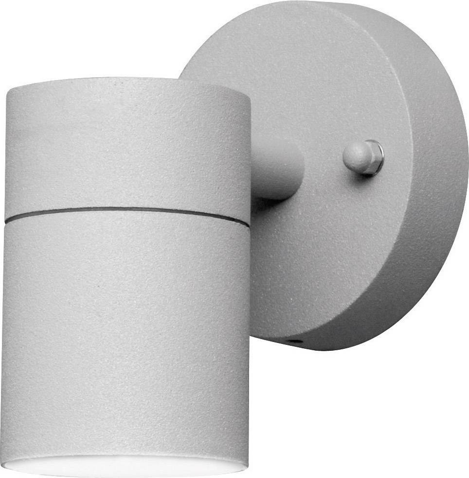 Applique da esterno grigia, cilindrica, dal design moderno, idonea all'illuminazione di ingressi o facciate.