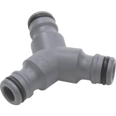 Connettore Y grigio con tre raccordi, ciascuno con anello di tenuta nero. Utilizzato per tubi o condotte per la distribuzione dell'acqua.