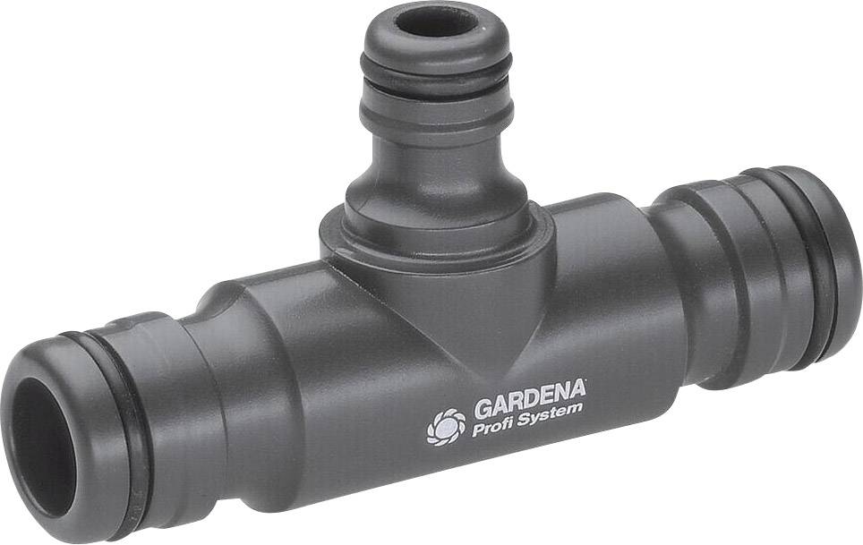 Un raccordo Gardena Profi System nero con tre attacchi, idoneo per collegare tubi da giardino.