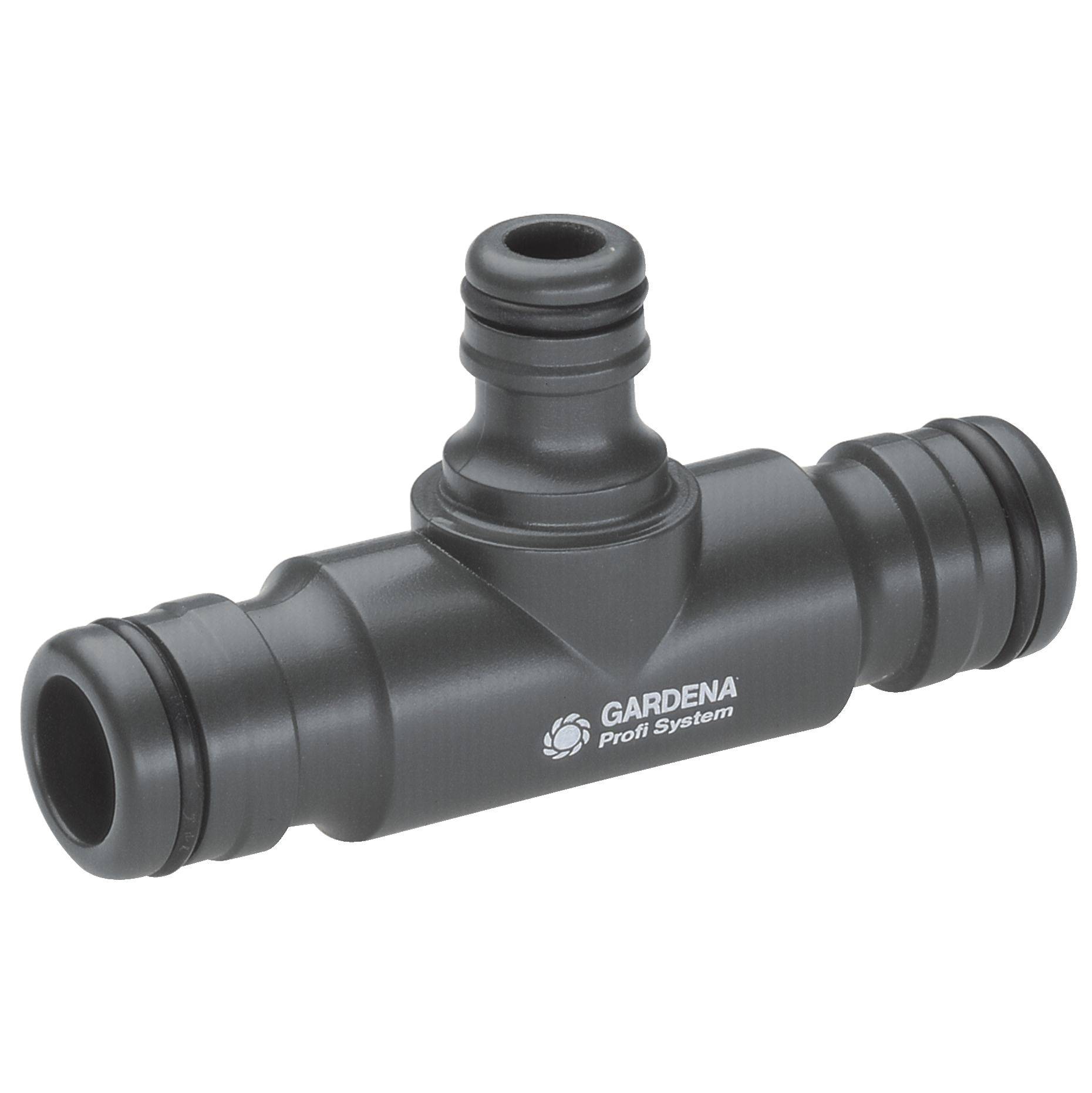 Un adattatore a T nero del sistema Gardena Profi, idoneo per connessioni di tubi dell'acqua, con tre attacchi.