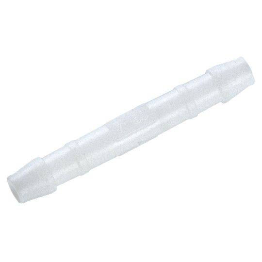 Un connettore cilindrico bianco in plastica con estremità lisce, presumibilmente adatto per tubi o condotti, su sfondo bianco.