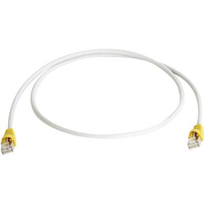 Un cavo Ethernet bianco, lungo circa un metro, con connettori gialli alle estremità, è adagiato a forma di anello su uno sfondo bianco.