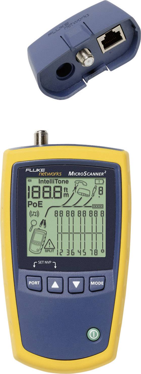 Un dispositivo portatile giallo per il collaudo dei cavi con un ampio display che mostra valori di misurazione e tipi di cavi. Include connessioni per diversi test.