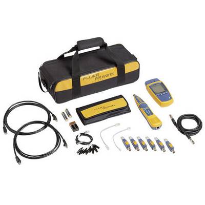Kit per test di rete con dispositivo digitale, cavi, adattatori e borsa da trasporto. Utilizzato per la diagnosi degli errori e la verifica delle installazioni di rete.