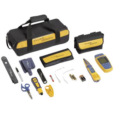 Set di attrezzi per tecnologia di rete, composto da pinze, forbici, tester per cavi, marcatori e borse per il trasporto.