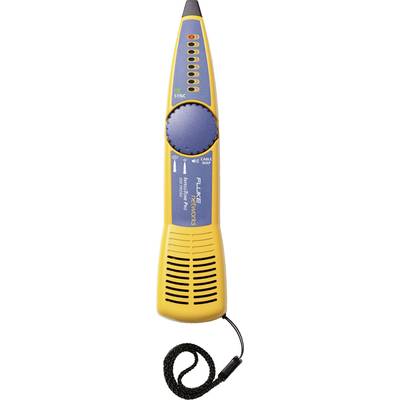 Dispositivo tester di rete Fluke giallo con display LED per il test dei cavi. Sette LED indicano il tipo di connessione e l'intensità del segnale.