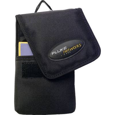 Una borsa nera con chiusura a strappo che mostra parzialmente uno strumento Fluke Networks.
