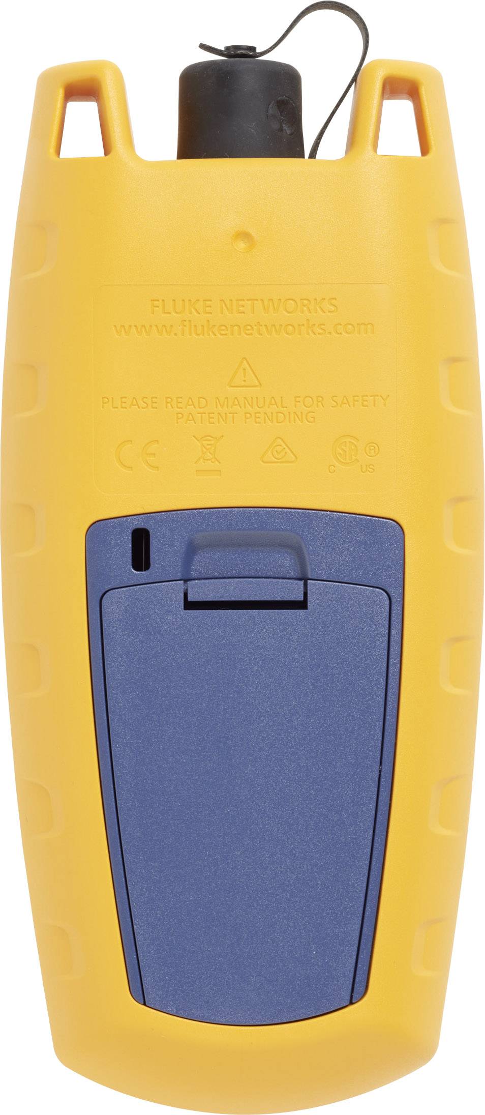 Un dispositivo elettronico giallo con un coperchio blu sul retro. Filo attaccato nella parte superiore.