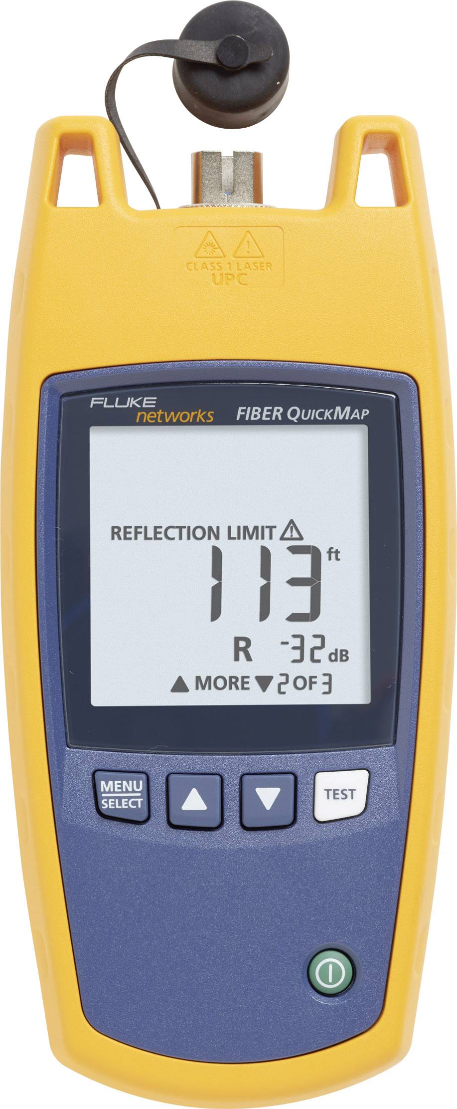 Dispositivo manuale di misurazione con display per il test delle fibre ottiche. Display mostra 'Limite di riflessione 113 ft' e '-32 dB'. Tasti: Menu, Test.