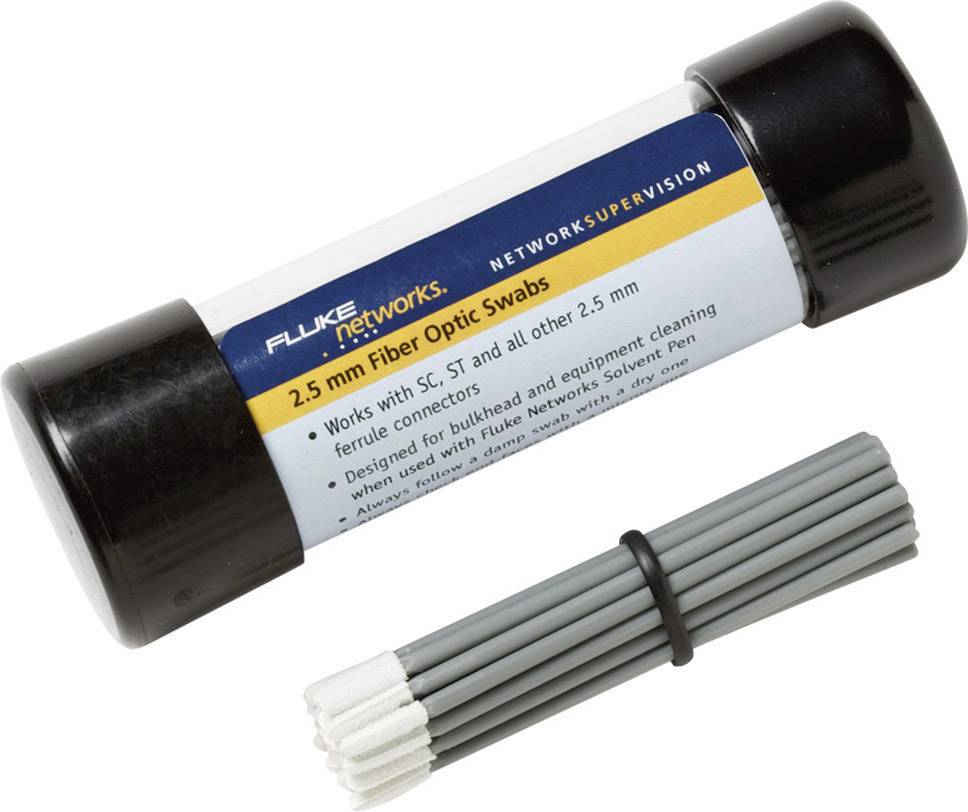Contenitore con tamponi di pulizia in fibra di vetro da 2,5 mm e bastoncini grigi separati, idonei per connettori SC, ST e altri tipi di connessioni.