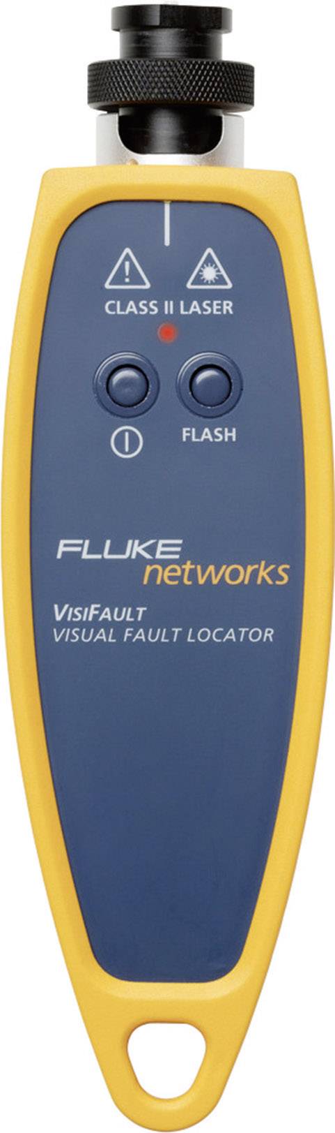 Fluke Networks VisiFault Visual Fault Locator, un dispositivo portatile per l'identificazione di interruzioni nei cavi, dotato di due pulsanti e simboli di avvertenza.