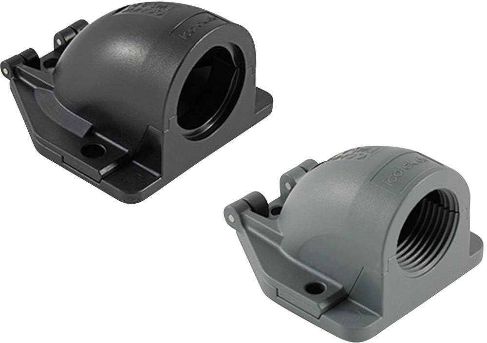 Due involucri in plastica di colore nero e grigio, utilizzati per connessioni di cavi. Presentano aperture rotonde e fori di fissaggio.