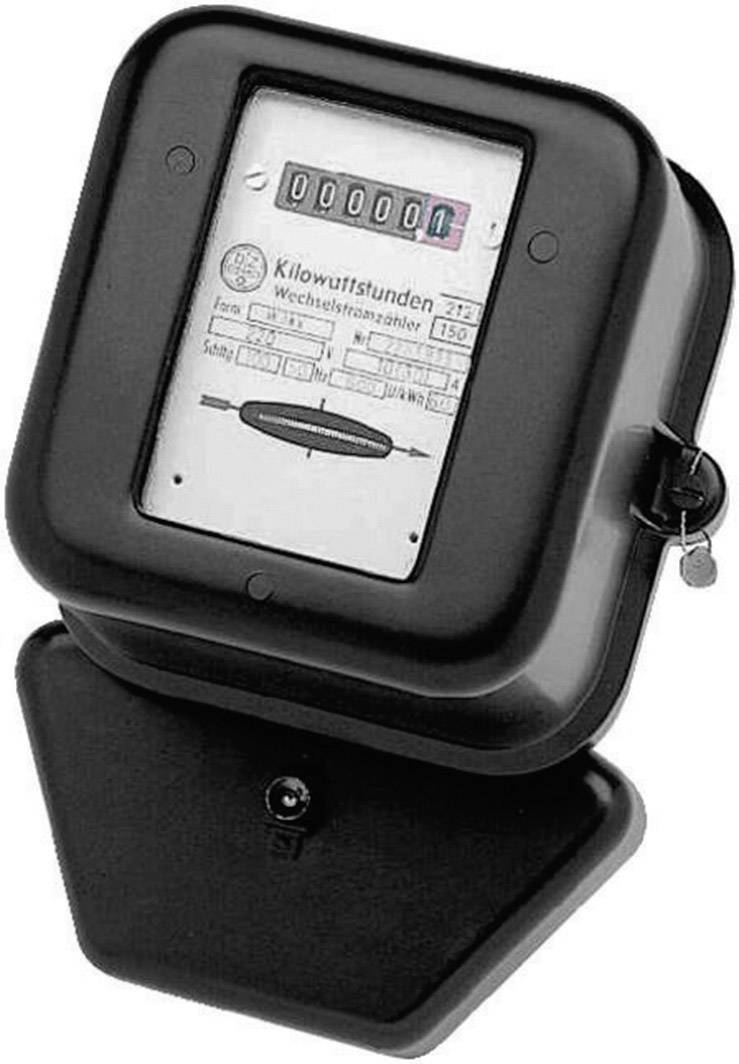 Contatore elettrico in bianco e nero con display analogico, che mostra il consumo in kWh. Display azzerato, involucro in plastica con coperchio incernierato.