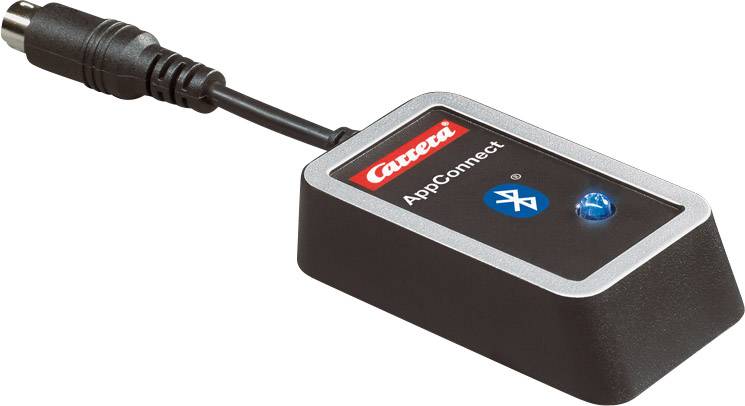 Un adattatore Bluetooth nero con la scritta 'AppConnect' e un LED blu illuminato, collegato tramite un cavo.