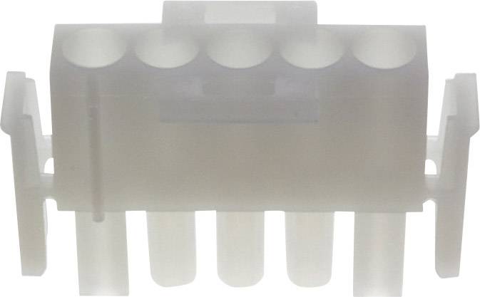 Connettore in plastica con cinque aperture circolari e clip laterali per il fissaggio.
