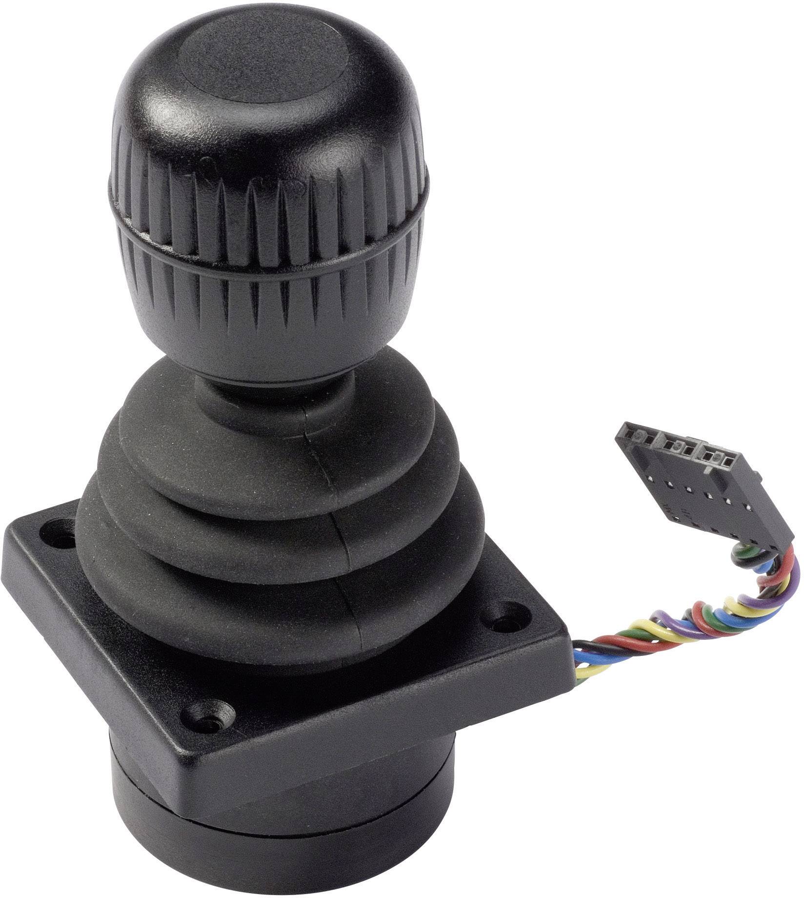 Un joystick nero con impugnatura zigrinata e connettore a quattro colori, probabilmente per controlli industriali o tecnici.