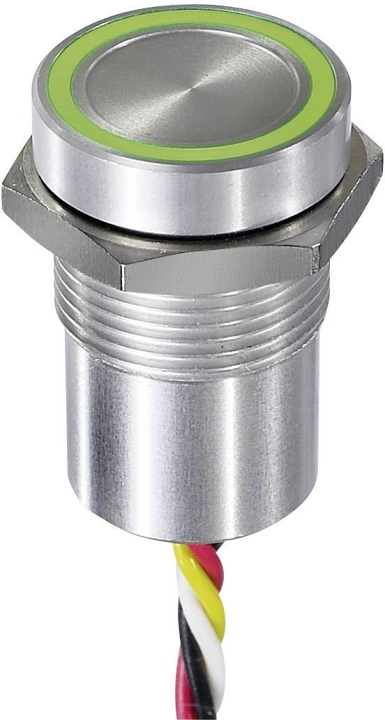 Un pulsante rotondo metallico con anello luminoso verde, montato su un filetto, collegato con cavi di colore rosso, nero, giallo e bianco.