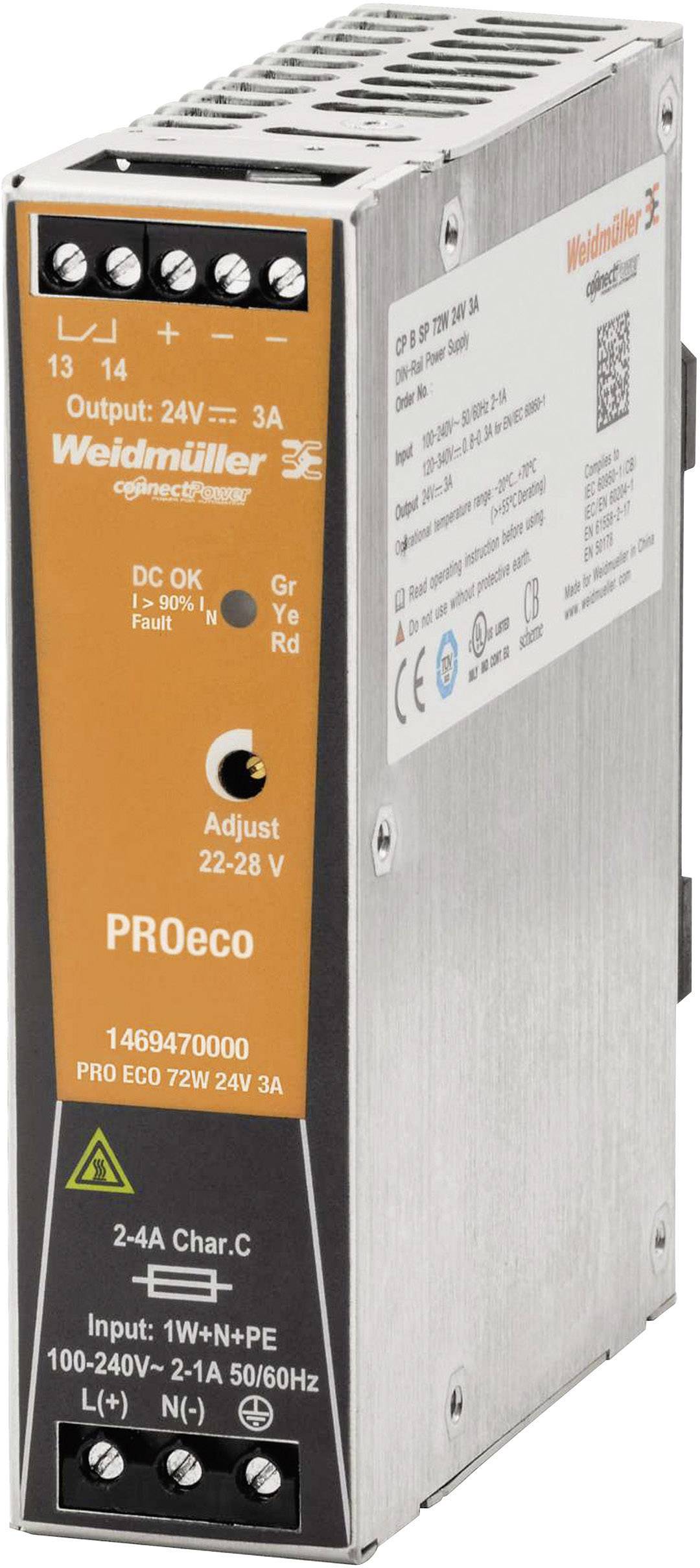 Weidmüller PRO ECO 72W 24V 3A Alimentatore per guida DIN 24 V/DC 3 A 72 W Num.