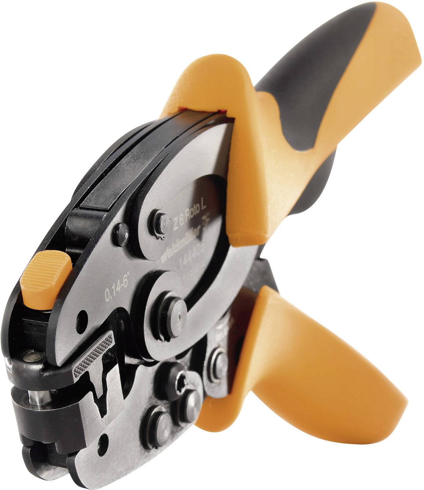 Pinza crimpatrice manuale in nero e arancione per connessioni di cavi. Dispone di un design ergonomico dell'impugnatura per una presa antiscivolo.