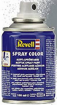 Una bomboletta spray blu Revell, etichettata 'Spray Color', con ugello spray bianco. Contiene 100 ml di vernice acrilica.