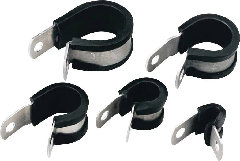 Cinque clip metalliche per cavi di colore nero con rivestimento gommato, disponibili in diverse dimensioni, per la gestione e il fissaggio dei cavi.