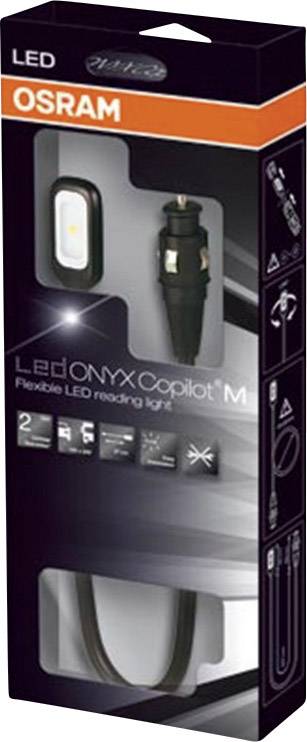 Confezione della lampada da lettura LED flessibile del marchio OSRAM 'Led ONYX Copilot M'. Raffigura il prodotto, i loghi e le istruzioni di installazione.