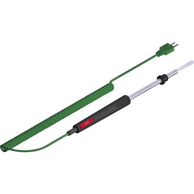 Sensore di temperatura lungo con cavo a spirale verde, display digitale e sonda in metallo per misurazioni precise.