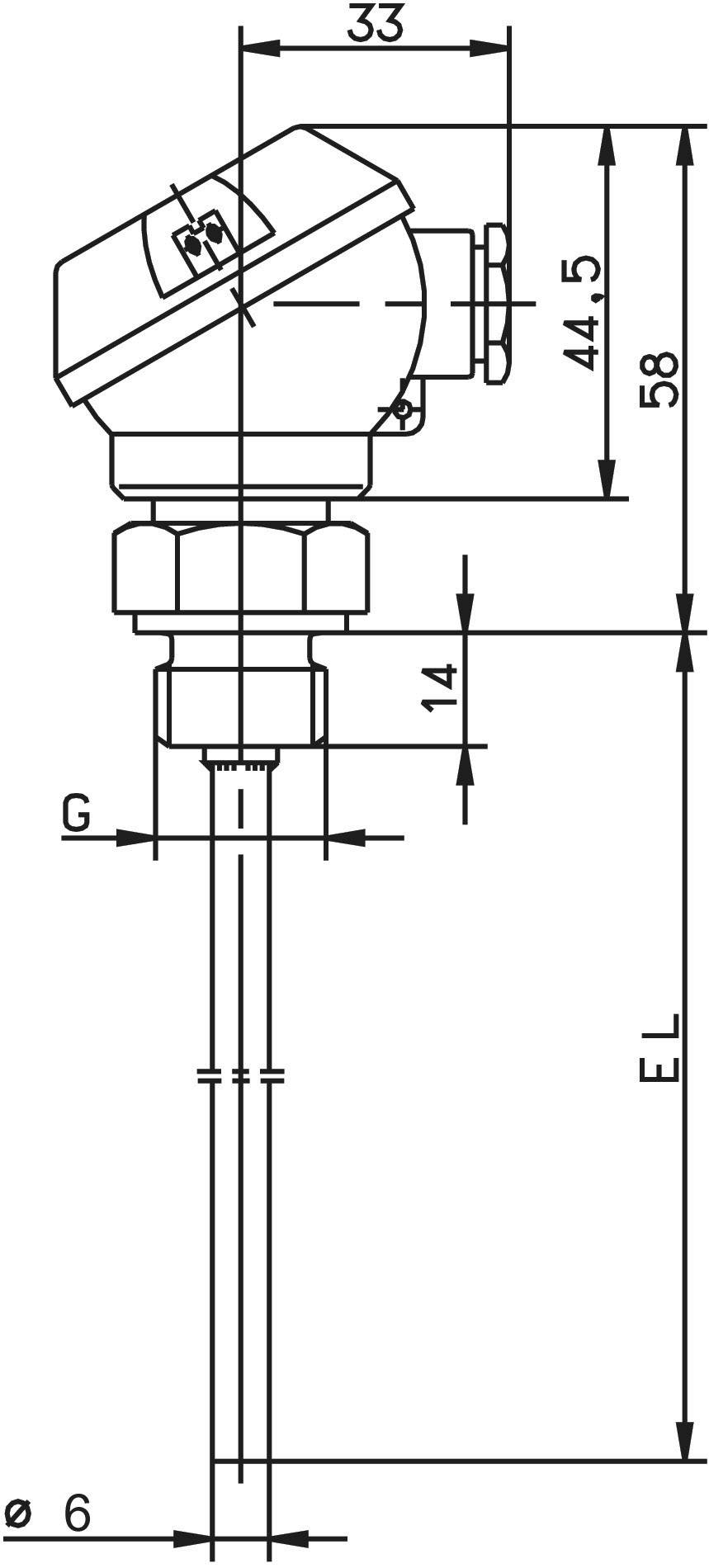Disegno tecnico di un sensore di temperatura con dimensioni: lunghezza totale 58 mm, testa 33 mm, diametro del sensore 6 mm.