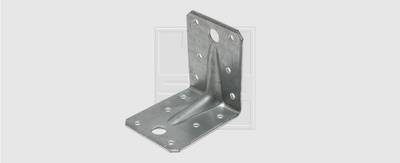 Un connettore angolare metallico con più fori di fissaggio, utilizzato per stabilizzare e fissare strutture in legno.