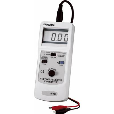 Un dispositivo di misurazione manuale con un display che mostra '0,00'. In alto c'è scritto 'VOLTCRAFT'. Sotto sono presenti tasti e funzioni per la calibrazione di tensione e corrente.