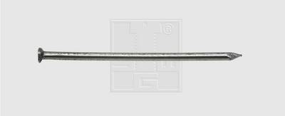 Un singolo chiodo metallico su sfondo grigio. Il chiodo è lungo e dritto, con una testa piatta e una punta appuntita.