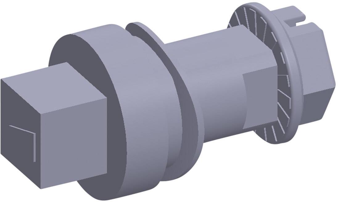Rappresentazione 3D in grigio di un componente meccanico con elementi cilindrici e rettangolari, probabilmente un pezzo di giunzione.
