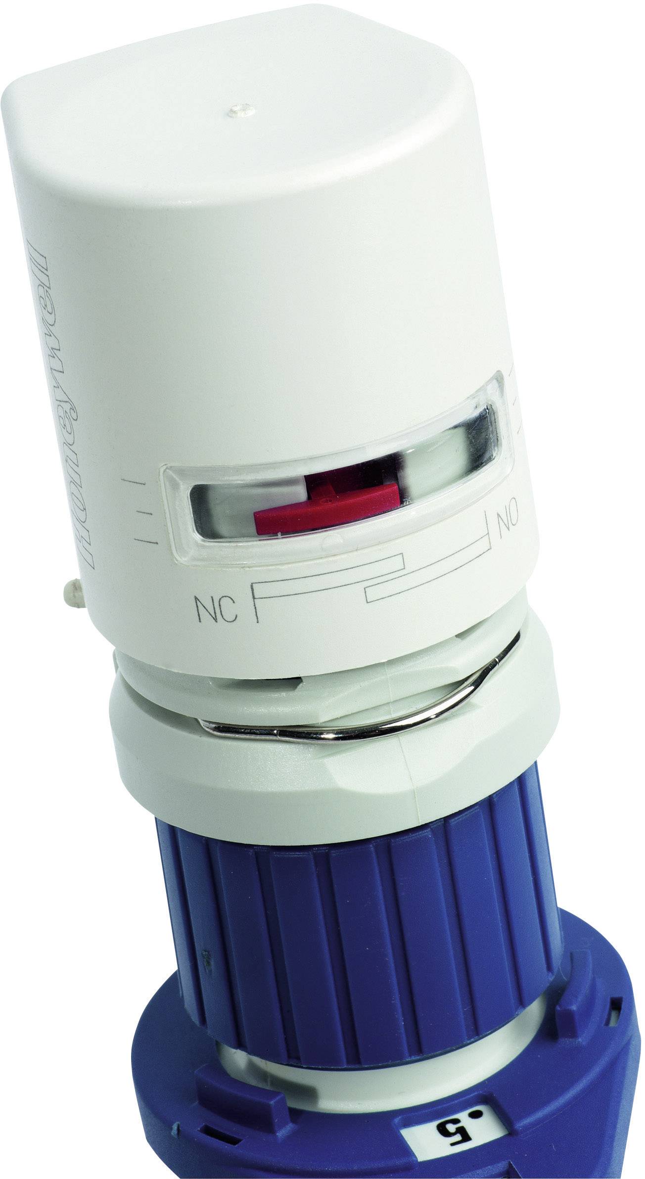 Testina del termostato in bianco e blu con interruttore rosso e marcature 'NC' e 'NO', utilizzata per controllare la temperatura del radiatore.