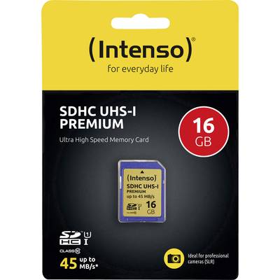 Una scheda di memoria Intenso SDHC UHS-I Premium da 16 GB con velocità fino a 45 MB/s. Adatta per fotocamere reflex.
