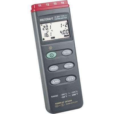 Termometro digitale portatile con display LCD che mostra le temperature in gradi Celsius e Fahrenheit. Quattro tasti per il controllo.