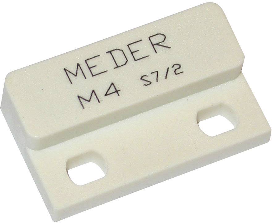 Sensore magnetico bianco, rettangolare, con la scritta 'MEDER M4 S7/2', due fori di fissaggio in basso.