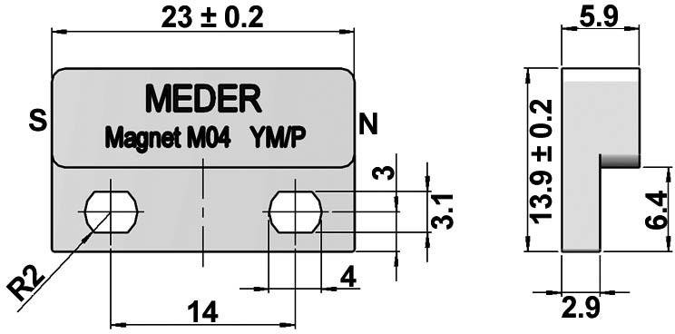 Disegno tecnico di un magnete rettangolare con dimensioni: 23 mm di lunghezza, 14 mm di larghezza, 13,9 mm di altezza. Etichetta 'MEDER'.