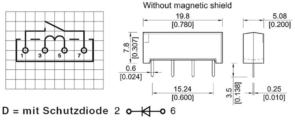 Diagramma del connettore: Mostra la vista dall'alto e laterale di un connettore a 7 pin con dimensioni in millimetri e pollici.