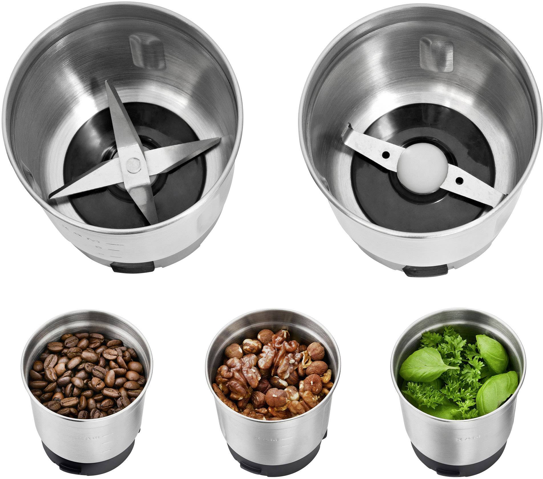Cinque contenitori in acciaio inossidabile: due vuoti con lame diverse in alto, tre riempiti con chicchi di caffè, noci e erbe fresche in basso.