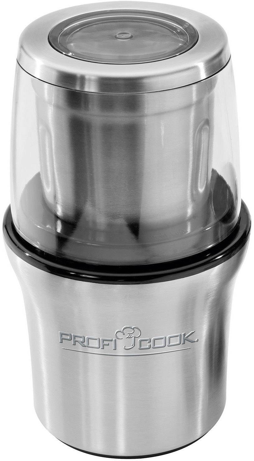 Macinacaffè elettrico in acciaio inox con coperchio trasparente, marca 'Profi Cook'.